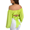Women’s Off Shoulder Crop Tops, Long Sleeve Solid Color Tie Knot Back Ruched T-Shirts. 