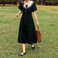 Dresses Women Preppy Style Sailor Collar Japanese Stylish Short Sleeve Sweet Vintage High-waist Students Girls All-match Female.