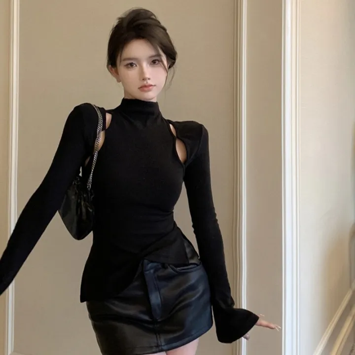 Women%20Knit%20T-shirt,%20Long%20Sleeve%20High%20Neck%20Hollowed%20Solid%20Slit%20Fall%20Tops%20for%20Daily%20Street%20-%20Image%204