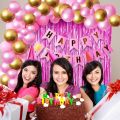 Happy Birthday Decorations Pink Combo Set - Metallic Balloons, Birthday Banner, Foil Curtain, and Glue Dot Roll - 34 Pieces of Party Perfection. 