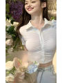 Pure Hot Girl White Shirt Short Slim-Fit Shoulder T T-shirt Pleated Waist Tight Shirt Short Sleeve Design Blouse.