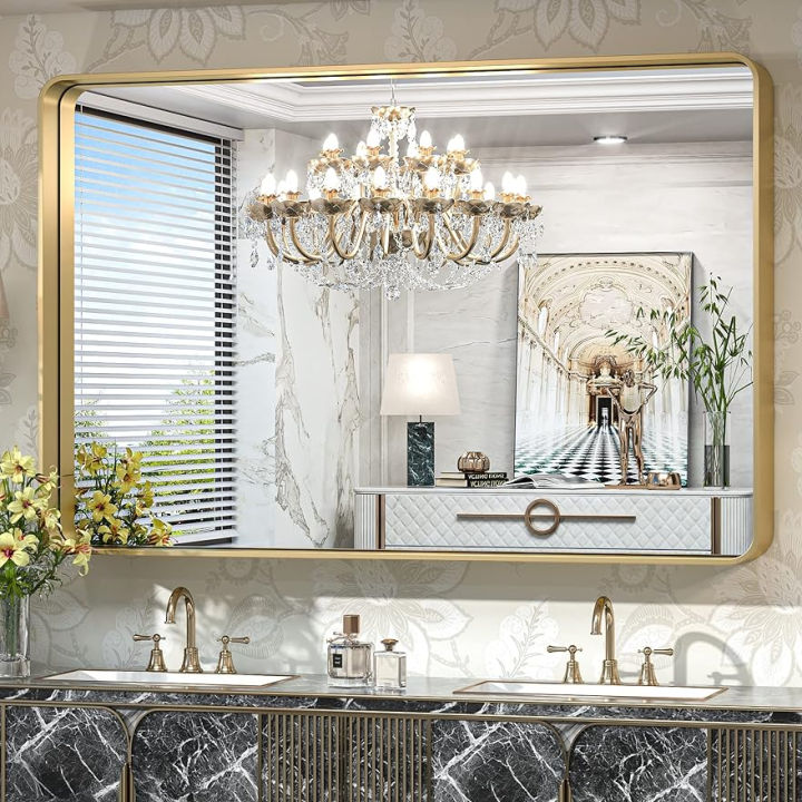 55 x 36 inch brushed gold bathroom mirror for non-rusting aluminum alloy metal frame for home decor (horizontal/vertical)