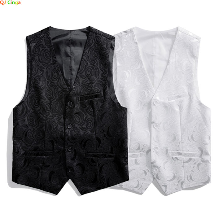 Roses Embroidered V-neck Sleeveless Vest Jacket Men White,Black Single-breasted Button Suit Vests Plus Size M-8XL Male Waistcoat