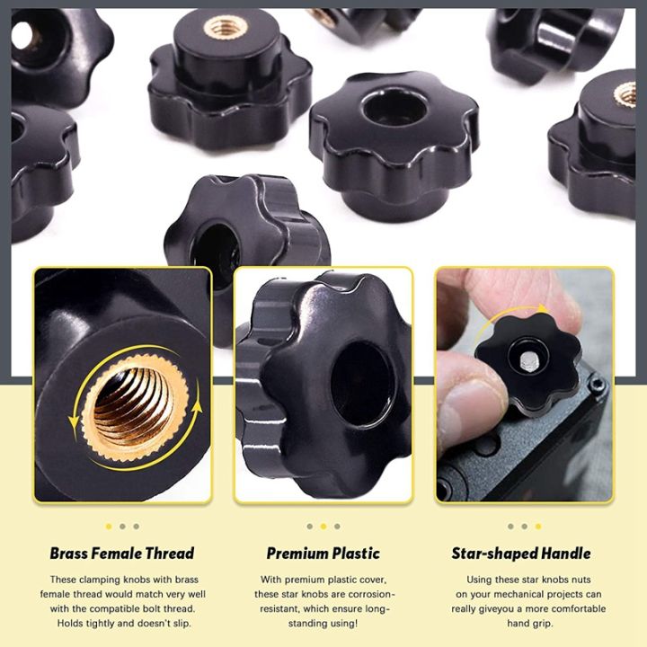 15Pcs%20M6%20Star%20Knob%20Clamping%20Handle%20Nut%20Through%20Hole%20Set%20Brass%20Female%20Threaded%20Handle%20Screw%20on%20Knob%20Grip%20Black%20Plastic%20-%20Image%204
