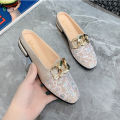 Summer new Korean version of low-heeled head metal buckle sandals half slip shoes female fashion transparent mesh half slippers. 