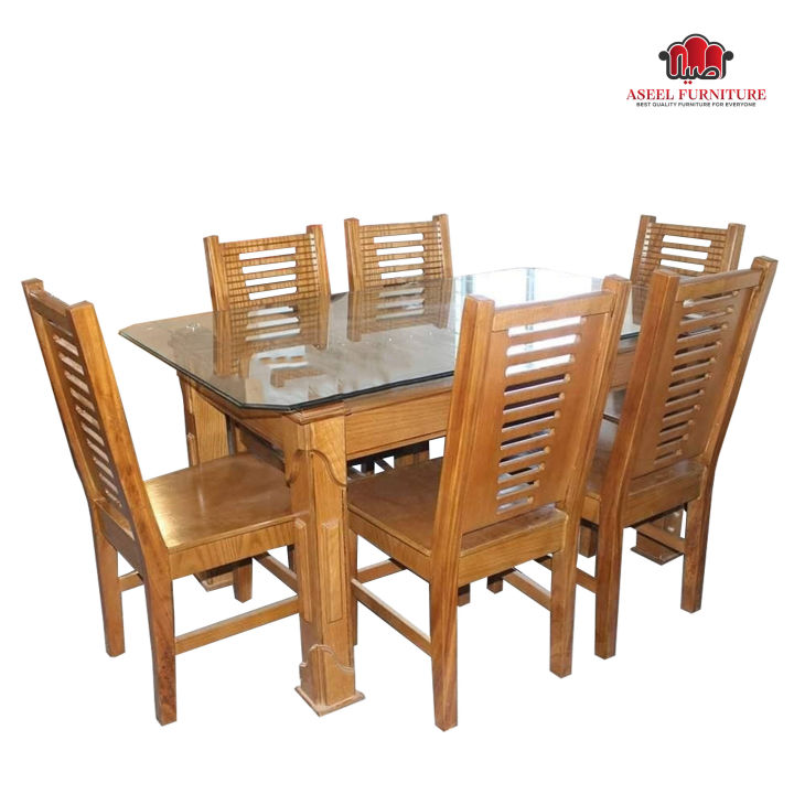 Simple Design Sub Veneer 6 Chair Dining Set With 10 mm Tempered Glass