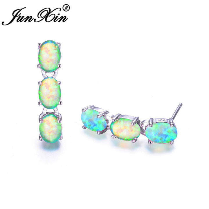 JUNXIN Luxury Oval Stone Blue White Fire Opal Earrings For Women Silver Color Green Purple Bar Stud Earrings Wedding Jewelry