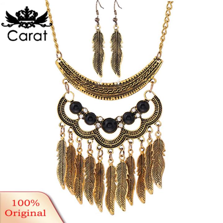 Carat Women Vintage Leaves Tassels Pendant Choker Necklace Hook Earrings Jewelry Set