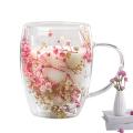 Mugs With Dry Flowers Double Wall 350ML Creative Double Wall Coffe Mug Real Dried Flower Filler Glass Handle Heat Heat Resistant.