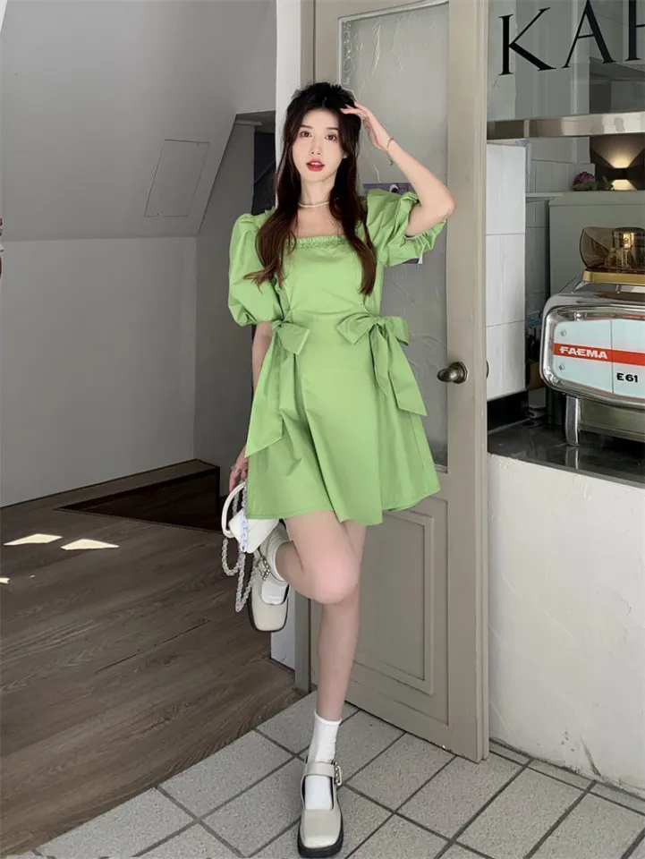 Bow Tie Square Collar Dress Women's Spring and Summer 2022 New Korean Style  Avocado Green Waist Slimming A- line Dress | Daraz.com.bd