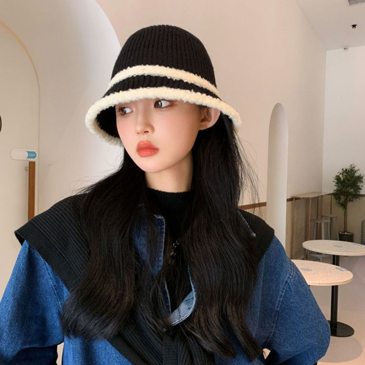 New Spliced Plush Fisherman Hat for Women Warmth Knitted Bucket Hat for Face Showing Small Wool Hat