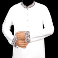 Men's Premium Quality White Embroidery Semi Long  Panjabi with Snap Button. 