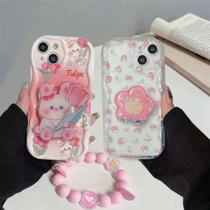 Phone Case For Compatible For iPhone 11 12 13 14 15 Pro Max 13 Mini 14 15 Plus Casing Fashion Cartoon Bracelet Chain Cute 3D Rabbit Flower Holder Clear Shockproof Back Cover TPU Silicone Soft