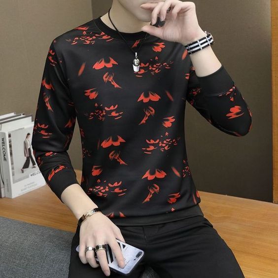 Full Sleeve Black and Red T-Shirt For Men Classic Choice For Effortless  Style Round Neck and Perfect Casual Wear Suitable for All Season