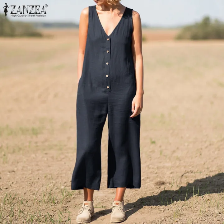 ZANZEA%20Women%20Summer%20Cotton%20Linen%20Sleeveless%20Jumpsuit%20Loose%20Casual%20V%20Neck%20Solid%20Playsuit%20-%20Image%205