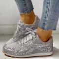 Women Flat Glitter Sneakers Casual Bling Vulcanized Shoes Female Mesh Lace Up Platform Comfort Plus Size Fashion Ladies Autumn Moonlight Shines. 