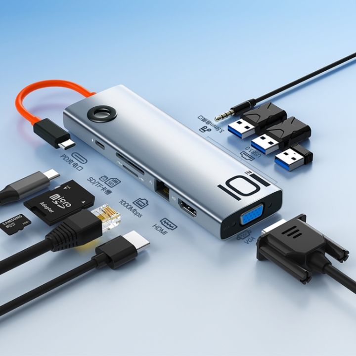 ROCK%20TR30%20Type-C%20To%20HDMI%20VGA%20Audio%20USB%203.0%20SDTF%20LAN%20Multi%20Splitter%20Adapter%2010%20in%201%20PD%20Docking%20Station%20HUB%20-%20Image%202