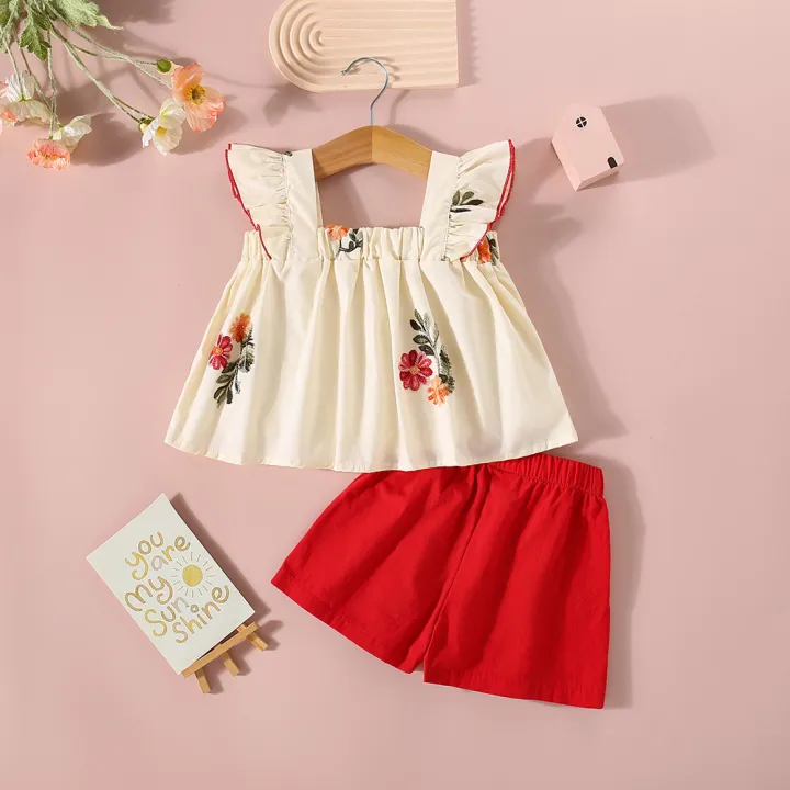 Summer%20New%20Baby%20Girls%20Two-Piece%20Set%20Lightweight%20Set%20Sweet%20Sleeveless%20Little%20Flying%20Sleeve%20Embroidered%20Floral%20Pleats%20+%20Shorts%20-%20Image%202