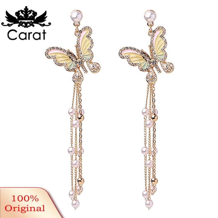 Lady Bling Rhinestone Inlaid Butterfly Long Tassel Faux Pearl Drop Stud Earrings