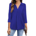 Womens relax wear Collared V Neck 3/4 Sleeve Shirts Business Casual Tops Loose Fit Work Blouses. 