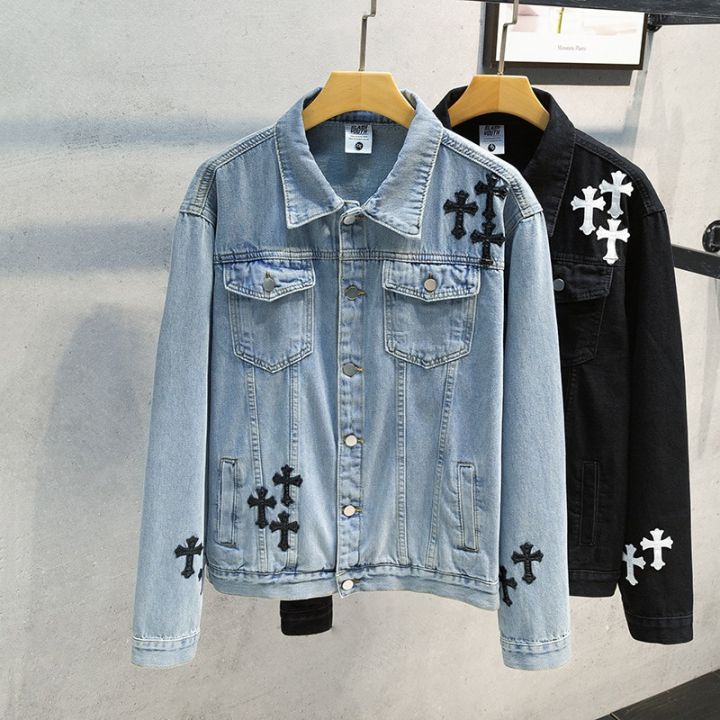 Men's Fashion Cross Embroidery Denim Jacket Spring and Autumn Ins Street Fashion Label Loose Jean Jacket Chaquetas Hombre