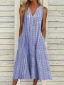 2021 Summer New Dress Fashion Pocket V Collar Sleeveless Striped Dress.