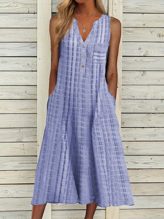 2021 Summer New Dress Fashion Pocket V Collar Sleeveless Striped Dress
