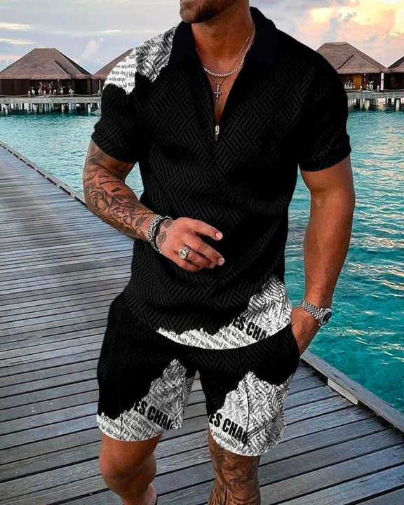 2023 Summer New Sports Suit Men 3d Printed Casual Short Sleeve T Shirt Men's Lapel Zip Polo Shirt Men's Clothing Tracksuit