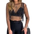 Womens Long Sleeve Sheer Mesh Tops Shiny Pearls Rhinestone O-Neck Pullover T-Shirts Blouse Slim Cover Up Party Clubwear. 