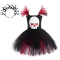 Scary Skull Ghost Costume for Girls Halloween Day of The Dead Horror Clothes Black Red Kids Carnival Party Fancy Tutu Dress Up.
