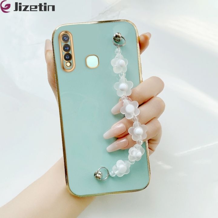 Jizetin for Vivo Y19 Back Cover With White Flowers Chain Wristband Luxury Plating Fashion Bracelet Phone Cases