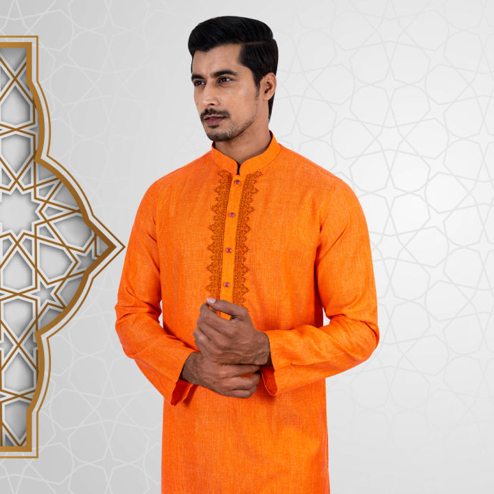 Lubnan%20Mens%20Orange%20Color%20Indian%20Cotton%20Regular%20Fit%20Panjabi%20-%20Image%202