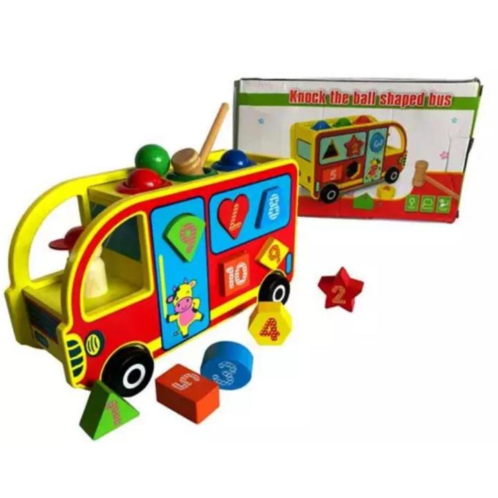 Knock The Ball Digital Bus Wooden Blocks Multi-Functional Number Matching Toy Color Cognition Math Learning & Teaching Supply for Kids
