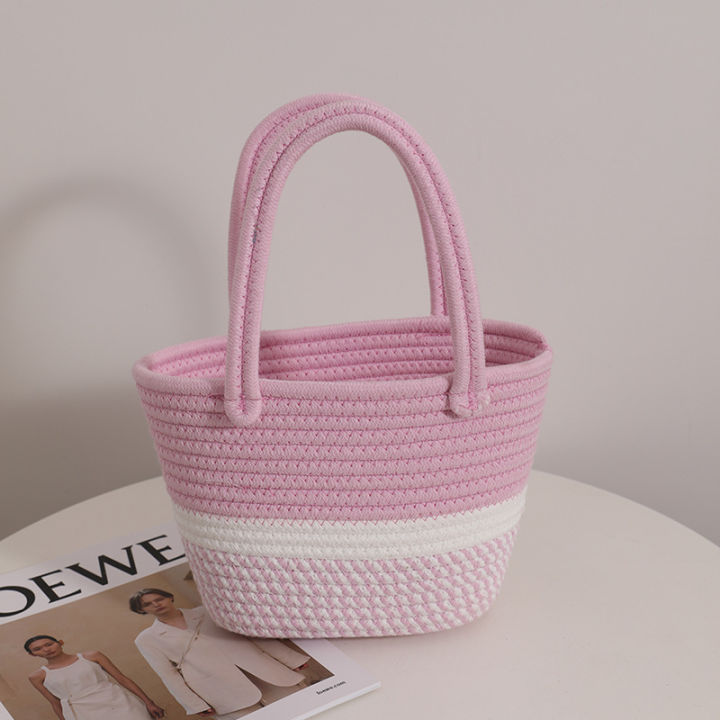 Pink%20twist%20hand-held%20cotton%20thread%20woven%20bag%20New%20small%20fresh%20hand-carried%20women's%20bag%20for%20a%20holiday%20picnic%20basket%20-%20Image%205