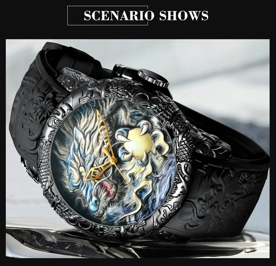 Fashion BIDEN Mens Watches Dragon Design Quartz Watch Silicone