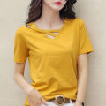 Women's Short Sleeve 2022 New Summer Solid Color T Women's T-shirt V Collar Loose Korean Style Hollow Top Casual ins T-shirt Fashion.