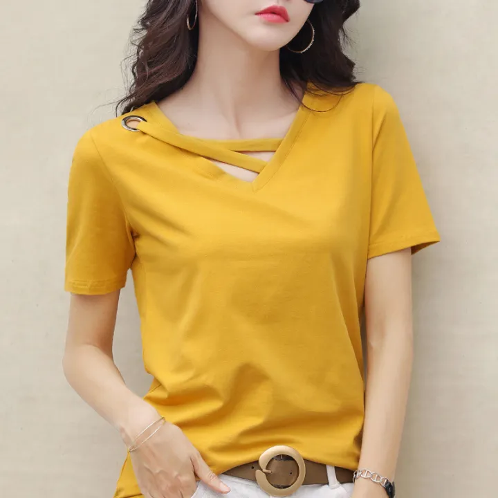 Women's%20Short%20Sleeve%202022%20New%20Summer%20Solid%20Color%20T%20Women's%20T-shirt%20V%20Collar%20Loose%20Korean%20Style%20Hollow%20Top%20Casual%20ins%20T-shirt%20Fashion%20-%20Image%203