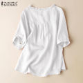 ZANZEA Women Short Sleeve V Neck Top Casual Loose Shirt Tee Solid Cotton Blouse #2.