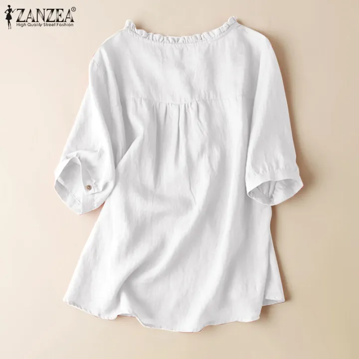 ZANZEA%20Women%20Short%20Sleeve%20V%20Neck%20Top%20Casual%20Loose%20Shirt%20Tee%20Solid%20Cotton%20Blouse%20#2%20-%20Image%204