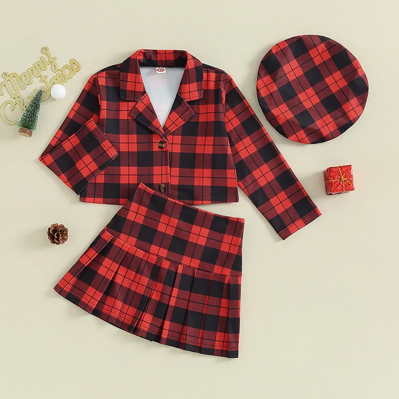 Pudcoco Kids Girl Christmas Outfits Plaid Turn-Down Collar Long