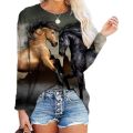 3D Digital Printing Long Sleeve Top Lady New Spring Summer Clothes O-Neck Horse Head Printed T-shirts Casual Loose Funny Tees.