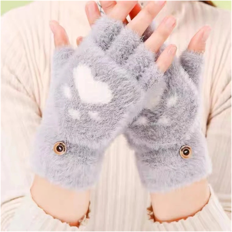 New Korean Cute Cartoon Cat Claw Warm Gloves Autumn Winter Wool Knitting Half Refers To Flip Gloves 1Pair