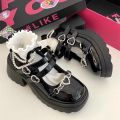 Black Leather Shoes Spring and Autumn Season Metal Chain Sponge Cake Sole Mary Jane Shoes Women's Patent Leather Gothic Style House Foocus. 