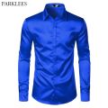 Royal Blue Silk Satin Shirt Men 2023 Luxury Brand New Slim Fit Mens Dress Shirts Wedding Party Casual Male Casual Shirt Chemise. 