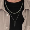 Vnox 3D Vertical Bar Necklaces for Men, Layering Stainless Steel Geometric Pendant, Layered Wheat Rope Cuban Chain, Boy Collar.