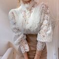 Women 2022 Spring White Vintage Button Shirts Lace Patchwork Hollow Out Shirt Blouse Long Sleeve O-Neck Mesh Design Tops. 