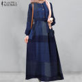 ZANZEA Muslimah Wanita Muslim Lengan Panjang Kasual Longgar Semak Plaid Kaftan Tunic Pakaian Maxi Panjang.