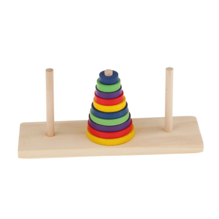 Tower of Hanoi Wooden Puzzle 10 Rings Geometric Stacker Kids Developmental Toy, 10 Colorful Pieces
