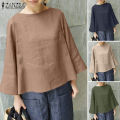 ZANZEA Womens Vintage Cotton Plain Basic Tee Blouse Simple Casual Flare Long Sleeve Tops #8. 