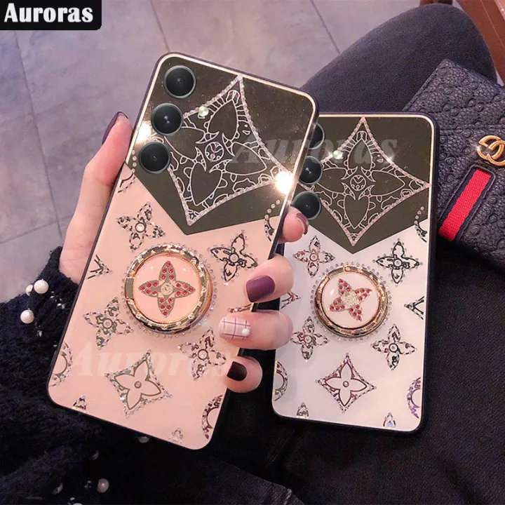 For Samsung Galaxy A35 A55 Phone Case Fashion Diamond Mirror Cover Luxury Clover with Kickstand Bracket Lanyard for Galaxy A35 A55 Cover Casing HP